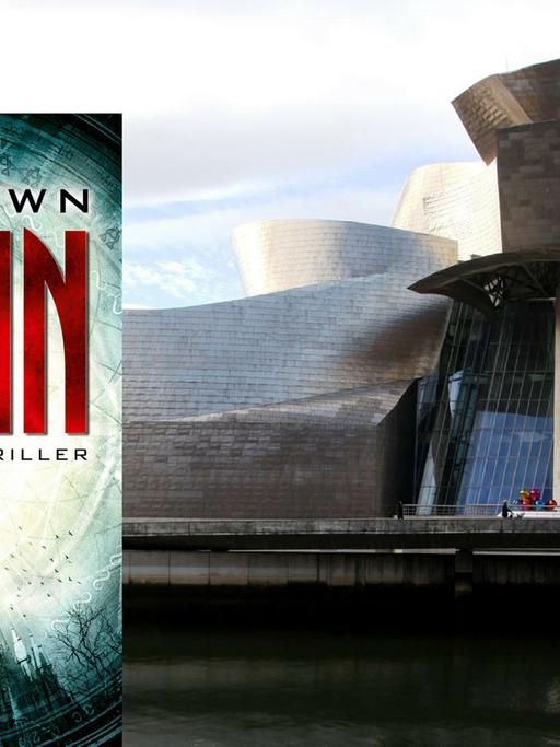 Im Vordergrund das Cover von Dan Browns Roman "Origin", im Hintergrund eine Ansicht des Guggenheim in Bilbao