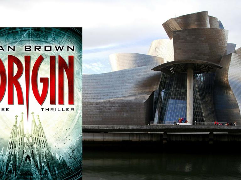 Im Vordergrund das Cover von Dan Browns Roman "Origin", im Hintergrund eine Ansicht des Guggenheim in Bilbao