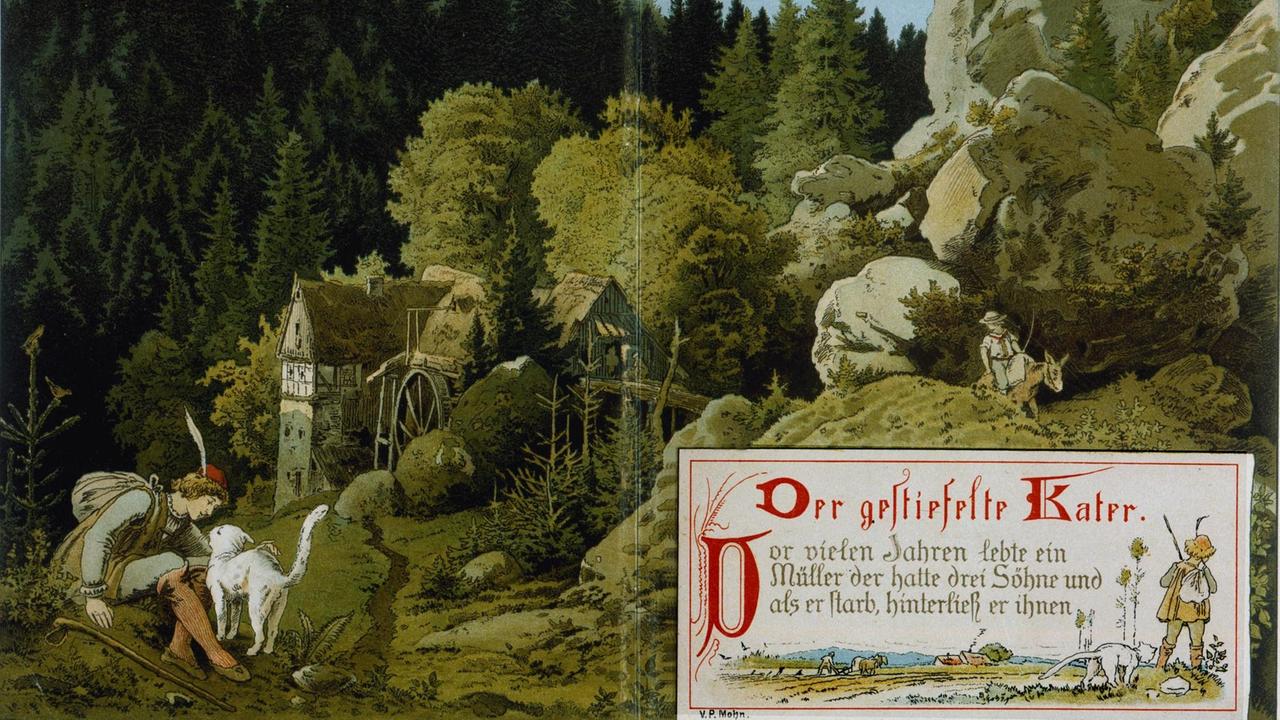 Farblithographie zu "Der gestiefelte Kater von Viktor Paul Mohn aus dem Jahr 1882. Aus: "Märchen-Strauss für Kind und Haus"