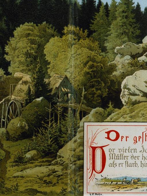 Farblithographie zu "Der gestiefelte Kater" von Viktor Paul Mohn aus dem Jahr 1882. Aus: Märchen-Strauss für Kind und Haus