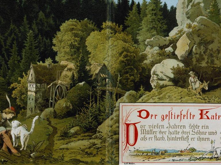 Farblithographie zu "Der gestiefelte Kater" von Viktor Paul Mohn aus dem Jahr 1882. Aus: Märchen-Strauss für Kind und Haus