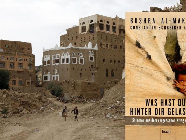 Hintergrundbild: Kinder gehen an Häusern vorbei, die während des Krieges im Jemen durch Luftangriffe zerstört wurden. Vordergrund: Buchcover.