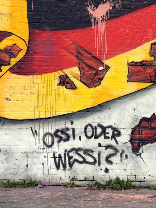 Ein Passant geht an einem Wandbild mit der deutschen Nationalflagge und dem Schriftzug "Ossi oder Wessi?" vorbei.