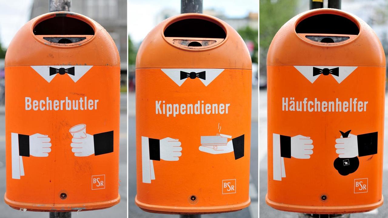 Abfallbehälter der Berliner Stadtreinigung. Die Papierkörbe tragen die Aufschriften "Becherbutler", "Kippendiener" und "Häufchenhelfer".