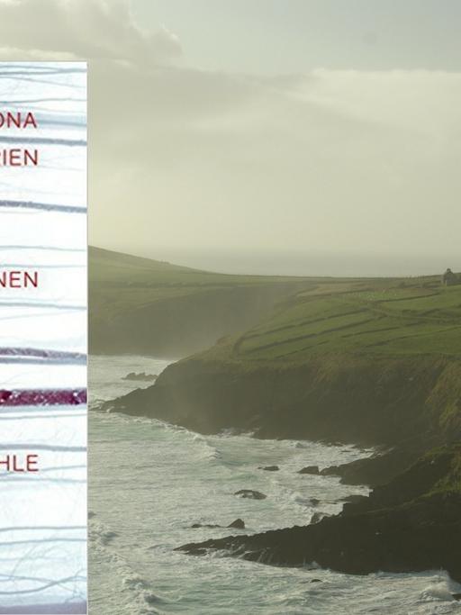 Das Cover des Buches "Die kleinen roten Stühle" vor einer irischen Küstenlandschaft