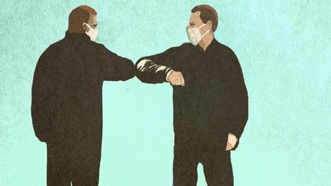 Illustration: Männer mit Masken treffen sich und machen Elbow Bump