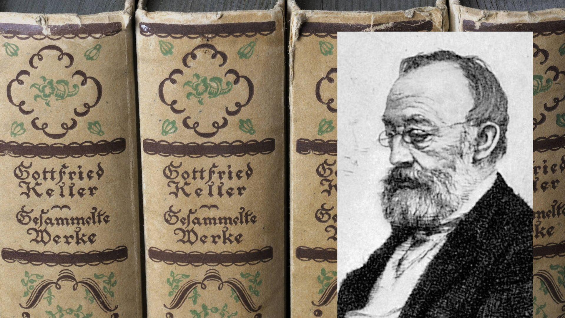 Buchrücken: Gottfried Keller: Gesammelte Werke, Zeitgenössisches Porträt des schweizer Schriftstellers Gottfried Keller (1819-1890)