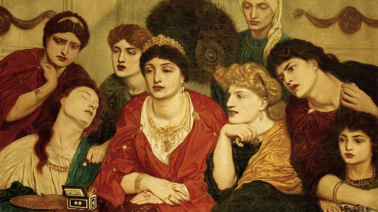 Eine Gruppe von Frauen im alten Rom sieht einem Gladiatorenkampf zu und fordert den finalen Todesstoß. 'Habet!' von Simeon Solomon, 1840-1905. Öl auf Leinwand.