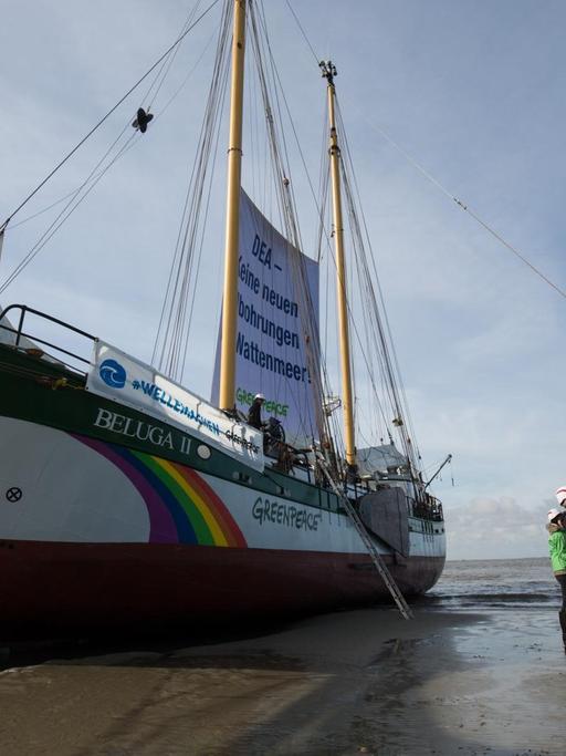 Aktivisten der Umweltorganisation Greenpeace demonstrieren am 31.03.2016 im schleswig-holsteinischen Wattenmeer bei Neuwerk vor Cuxhaven (Niedersachsen) gegen geplante Ölbohrungen des Förderkonzerns Dea Deutsche Erdöl AG.