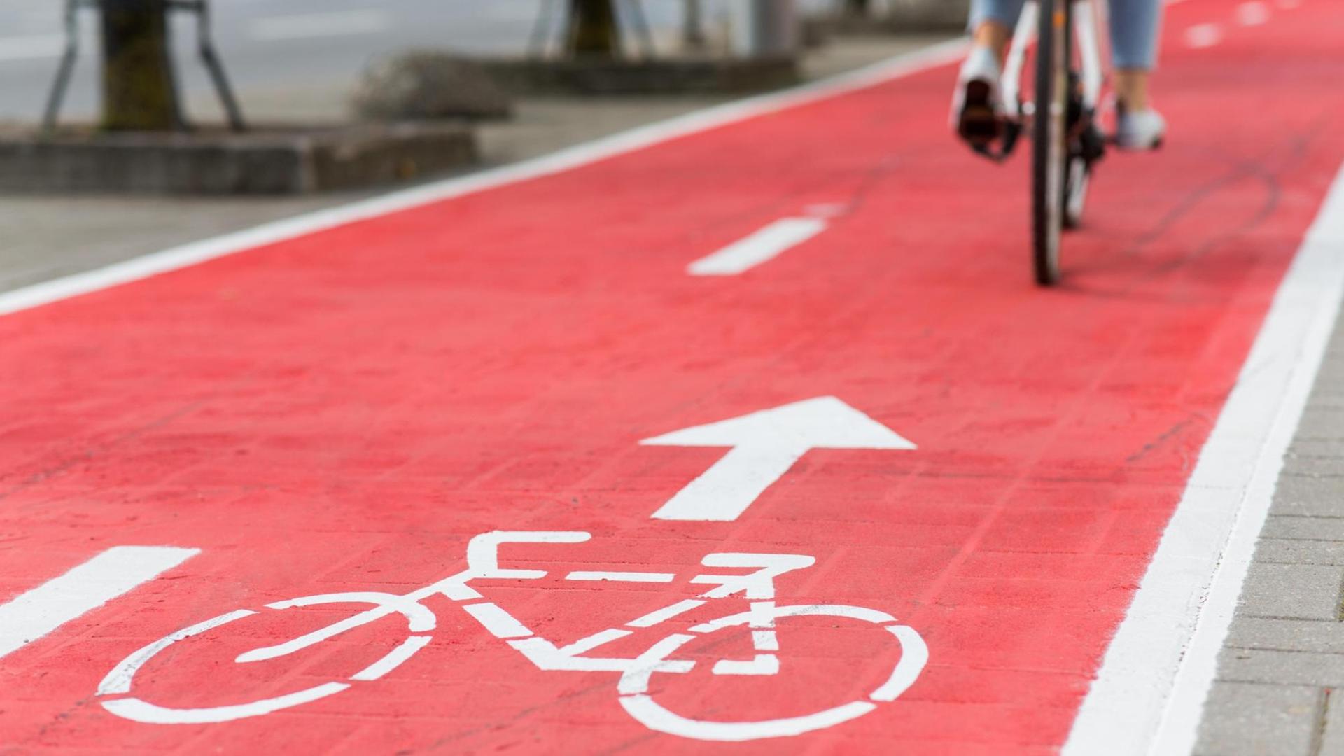 Eine Radlerin fährt auf einem rot gekennzeichneten Radweg entlang. 