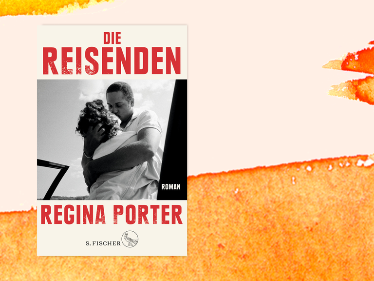 Buchcover von "Die Reisenden" vor orangefarbenem Aquarellhintergrund.