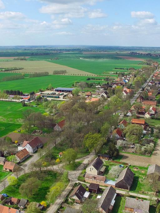 Eine Dorfansicht von Neulietzegöricke im Oderbruch (Brandenburg), fotografiert am 20.04.2016 als Luftaufnahme mit einer Drohne