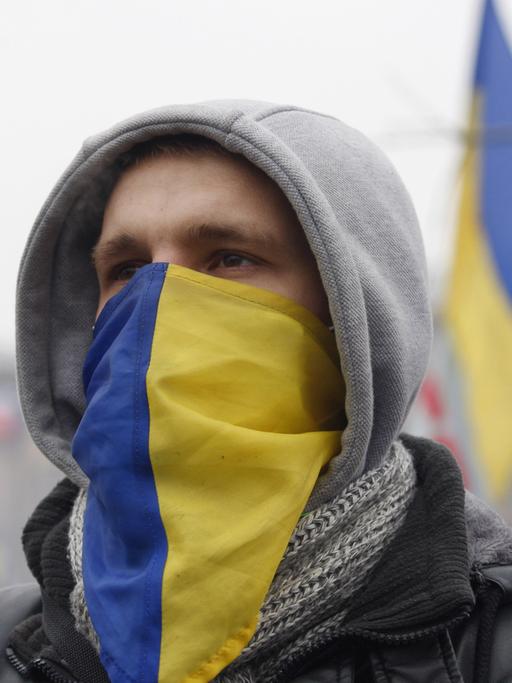 Ein Demonstrant am Platz der Unabhängigkeit in Kiew am 16. Dezember 2013.