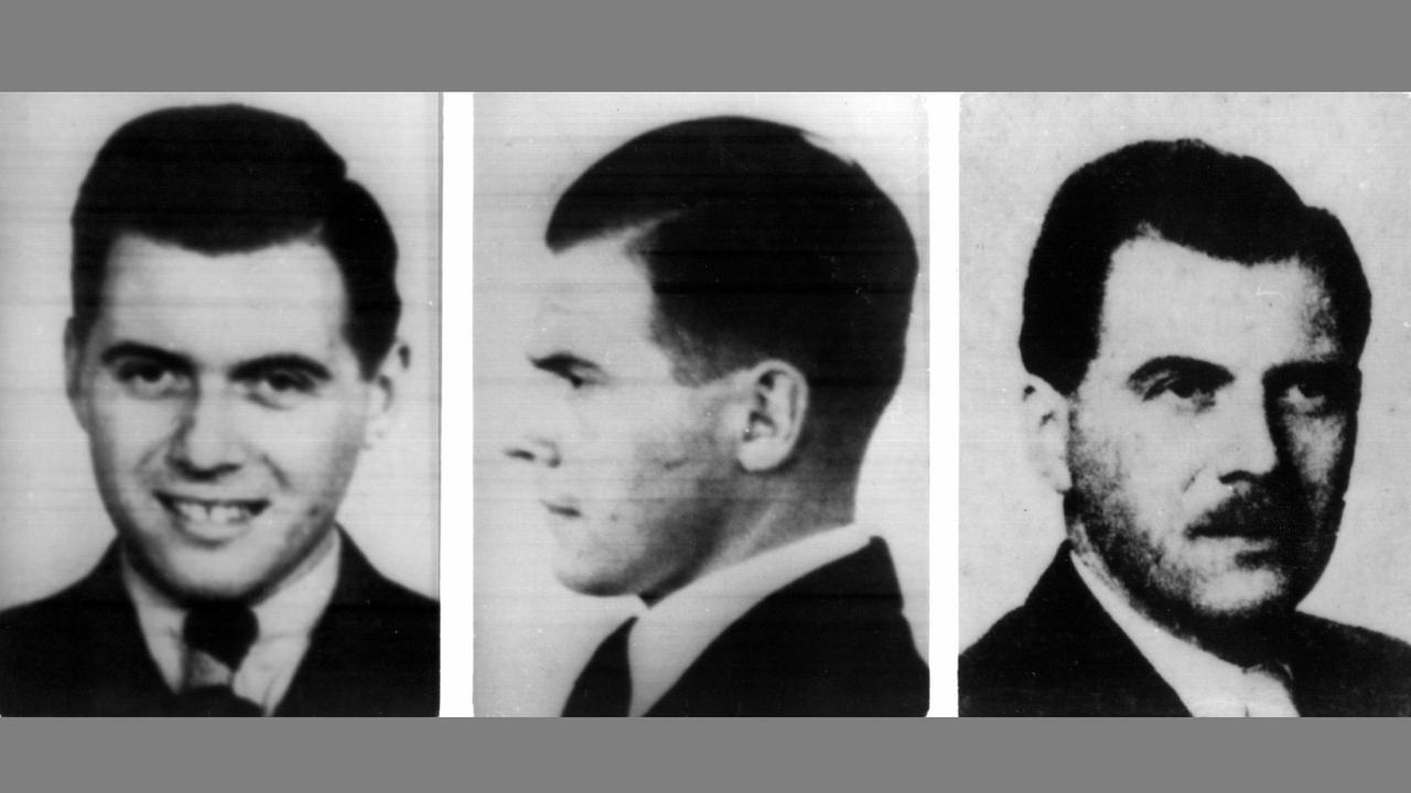 Porträtaufnahmen des gesuchten KZ-Arztes Josef Mengele. Die Aufnahmen links und Mitte sind aus dem Jahr 1938, die Aufnahme rechts aus dem Jahr 1956.
