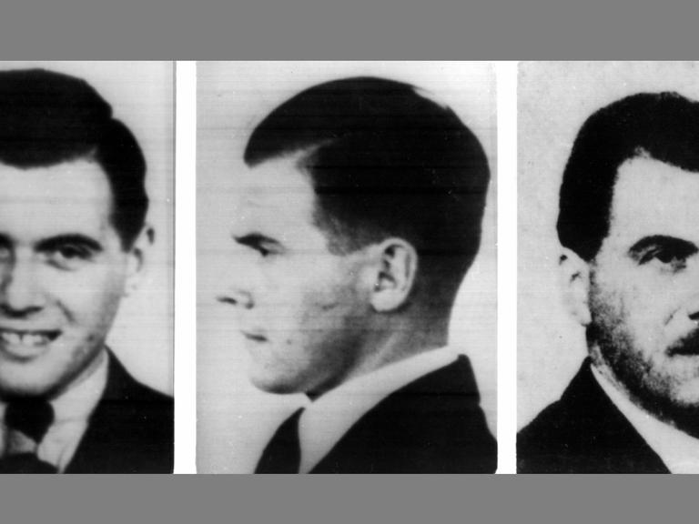 Porträtaufnahmen des gesuchten KZ-Arztes Josef Mengele. Die Aufnahmen links und Mitte sind aus dem Jahr 1938, die Aufnahme rechts aus dem Jahr 1956.