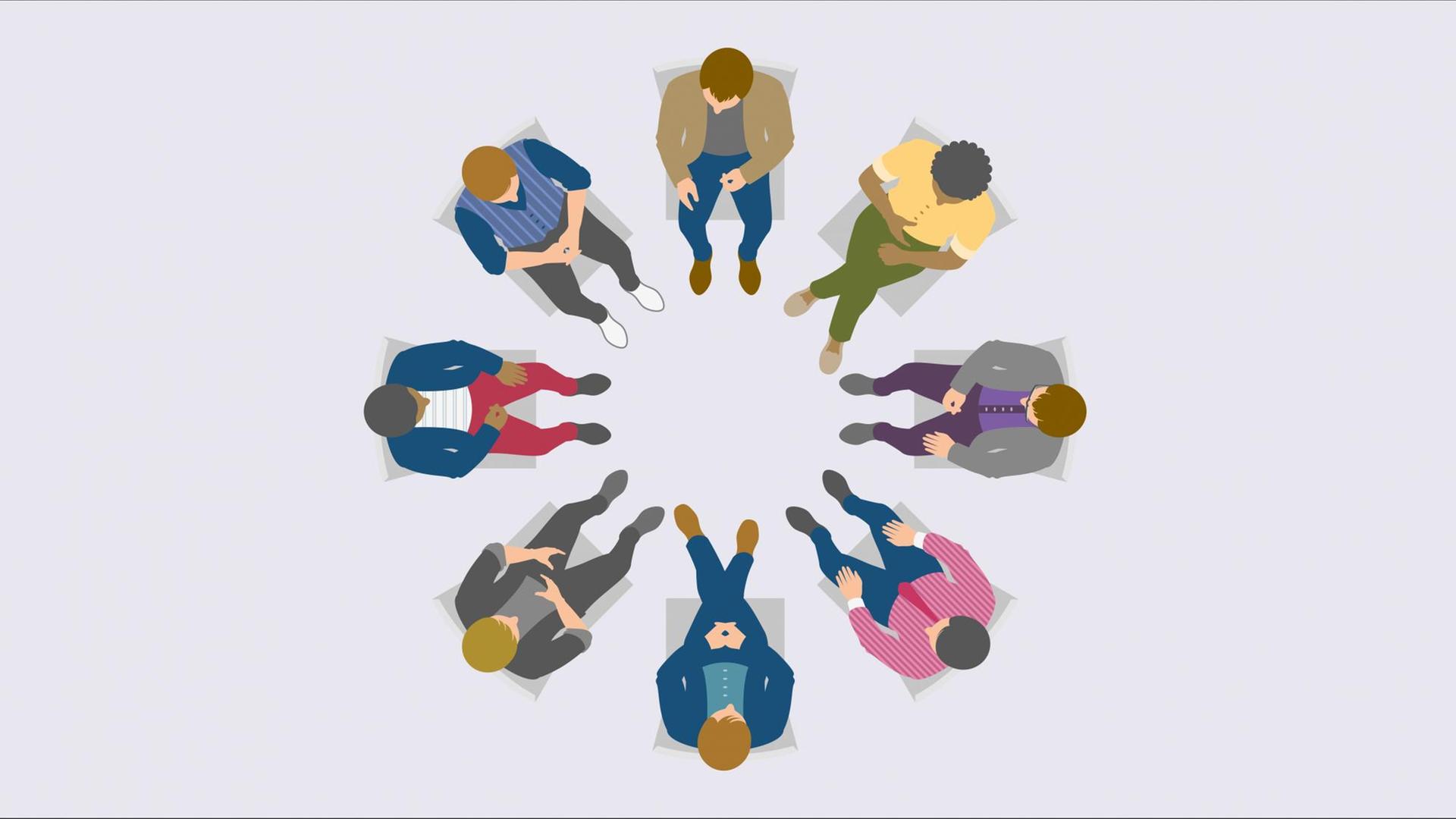 Illustration einer Gruppe von Männer in einem Stuhlkreis von oben betrachtet.