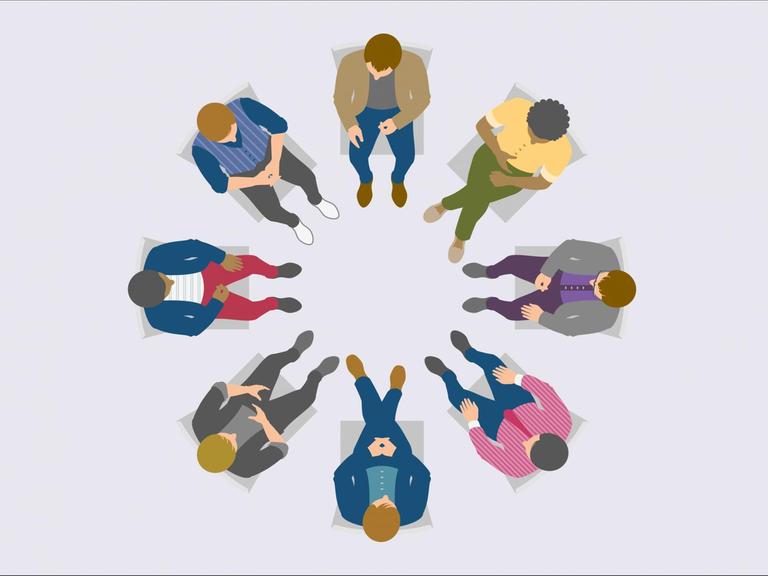 Illustration einer Gruppe von Männer in einem Stuhlkreis von oben betrachtet.