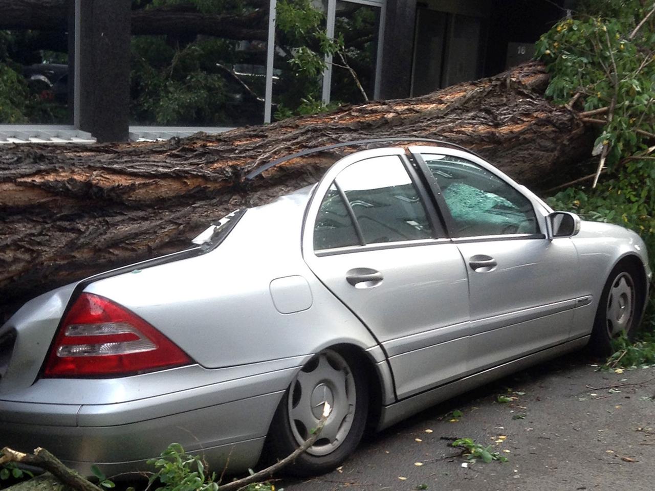Ein Baum liegt am 10.06.2014 in Düsseldorf (Nordrhein-Westfalen) nach dem Sturm auf einem Auto. 