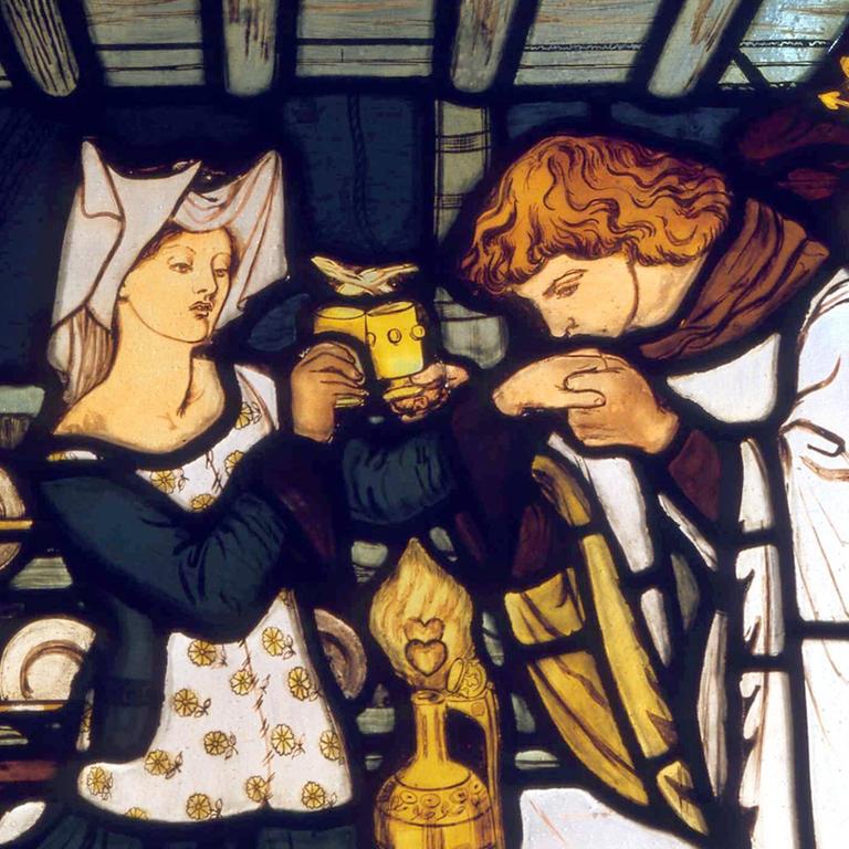 Tristan und Isolde: Die Szene mit dem Liebestrank, der eigentlich für König Mark bestimmt war, dargestellt auf einem Glasfenster des Designers Dante G. William Morris in Yorkshire, aufgenommen am 1.1.2011.