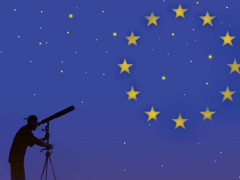 Illustration: ein Mann schaut durch ein Fernrohr auf die EU-Flagge am Nachthimmel.