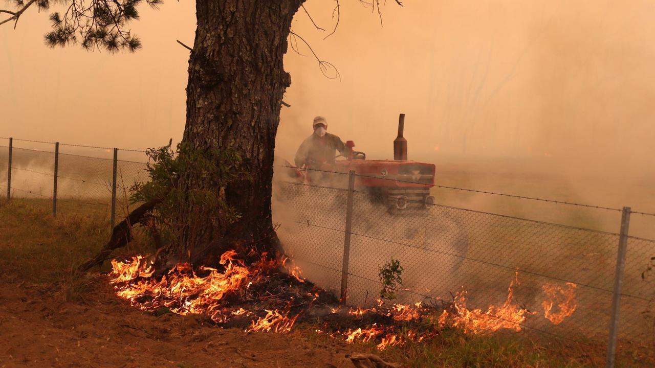 Ein Landwirt auf dem Traktor versucht einen brennenden Baum zu löschen.