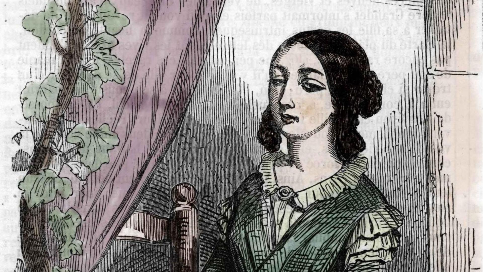 Illustration: Eugénie Grandet blickt aus dem Fenster. Illustration: Eugénie Grandet blickt aus dem Fenster.