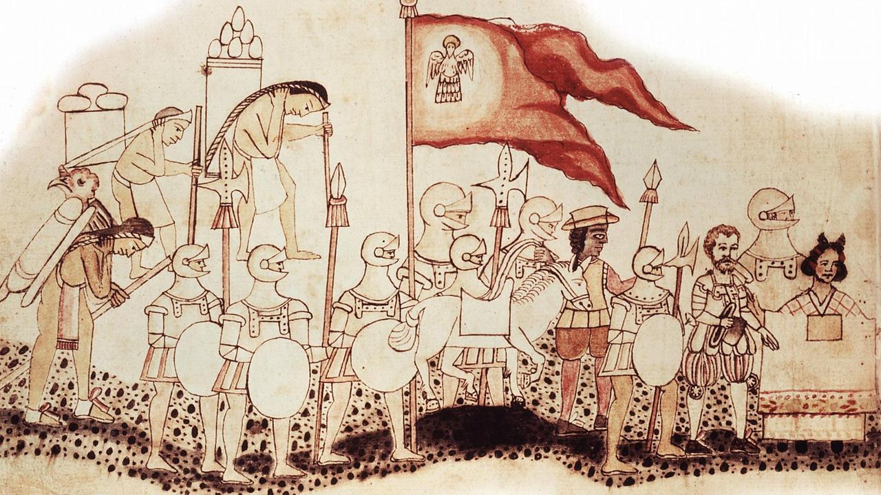 Hernandez Cortez (1485-1547) in Mexiko und seine Truppen. An seiner Seite La Malinche, das Bild stammt vermutlich aus dem 16. Jahrhundert. 