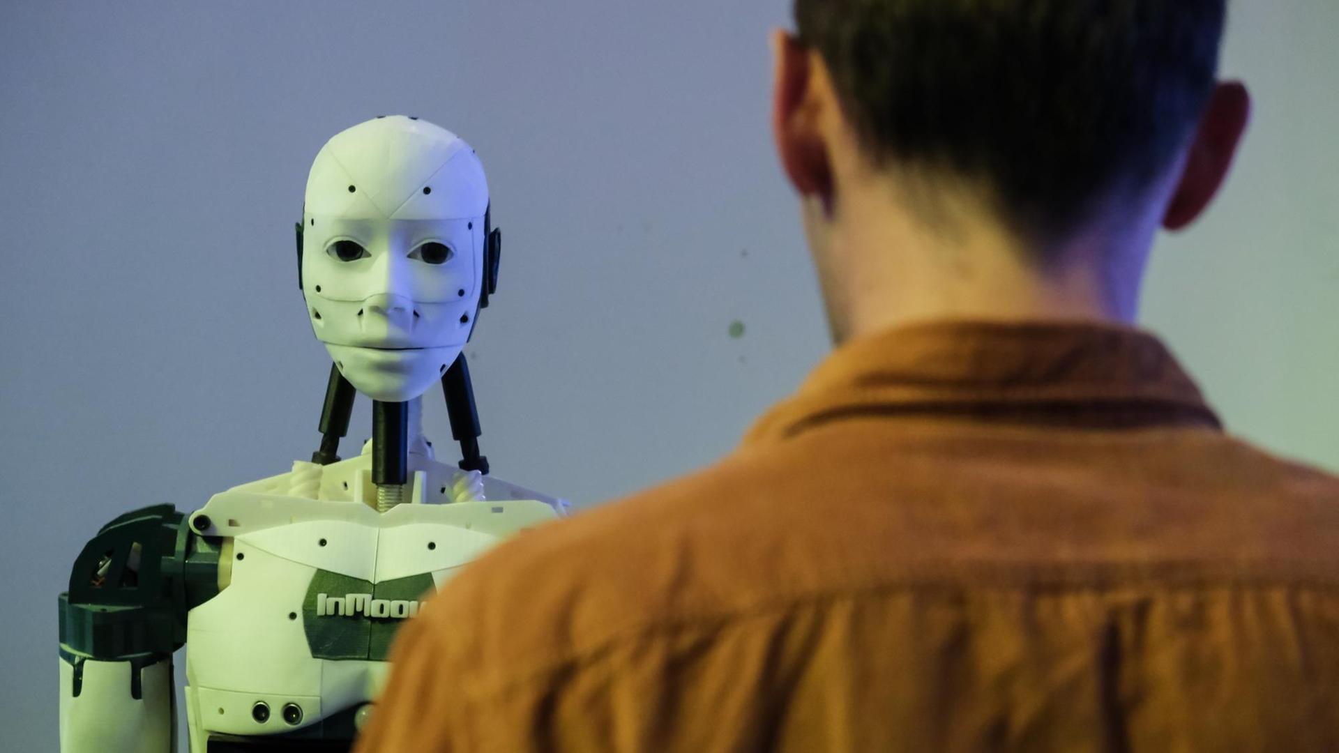 Blick über die Schulter eines Mannes auf einen humanoiden Roboter während der Futurapolis-Messe in Toulouse 2018.