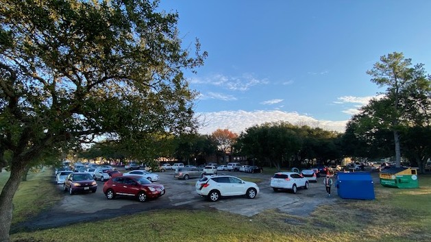 In der Morgendämmerung stehen Autos aller Marken in einr Schlange auf einem Parkplatz an.