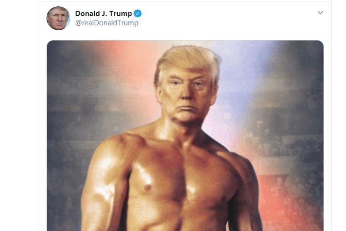 Screenshot vom Twitter-Account von Donald Trump, zeigt den Kopf des US-Präsidenten, der auf dem muskelbepackten Torso des Filmboxers Rocky Balboa montiert wurde