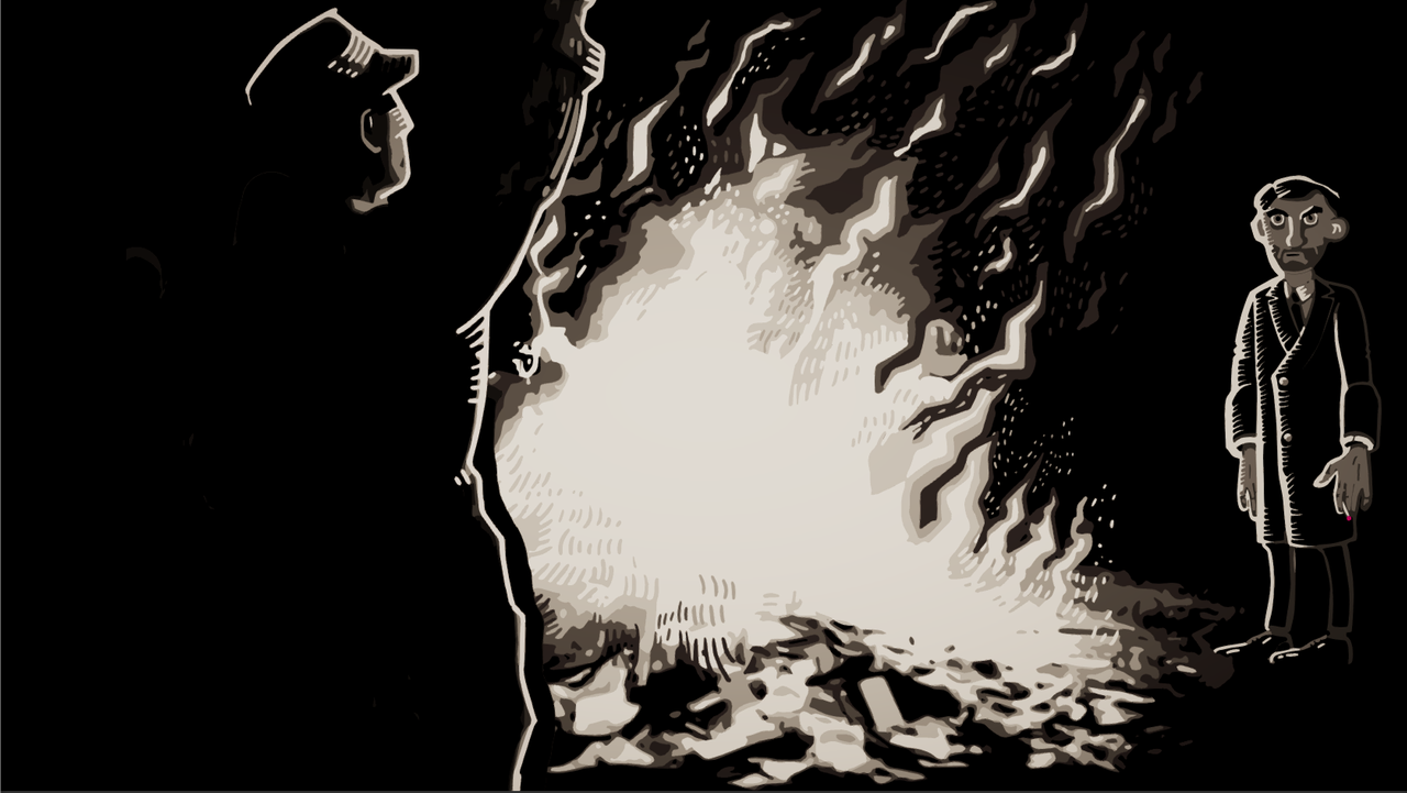 Szene aus dem Computerspiel "Through the Darkest of Times": Darstellung der nationalsozialistischen Bücherverbrennung, neben einem Feuer stehen zwei Männer, einer erhebt die recht Hand zum Hitlergruß.