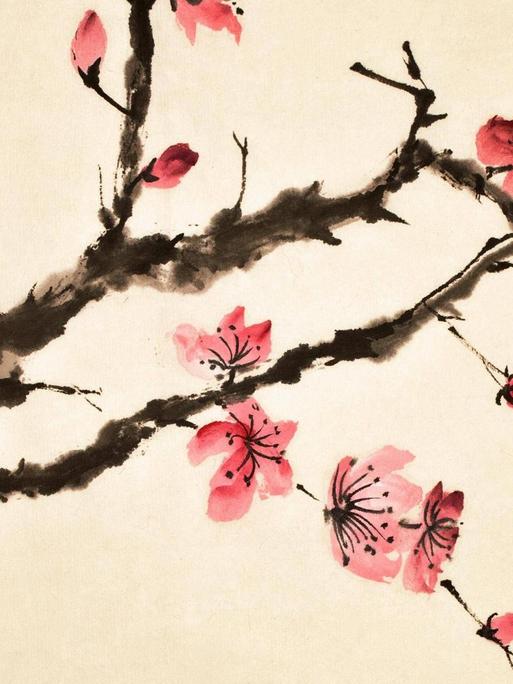 Traditionelles Gemälde eines Zweiges mit Kirschblüten
