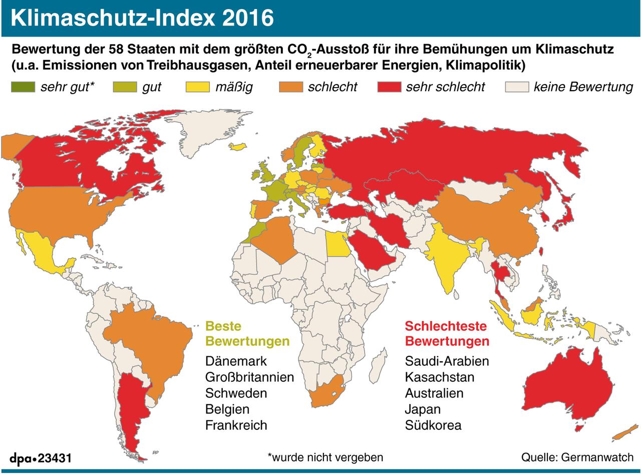 Weltkarte mit dem Klimaschutz-Index 2016.