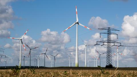 Windräder und eine Hochspannungsleitung stehen auf einem Feld.
