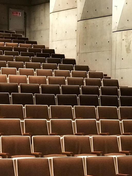 Leere Sitzreihen in einem Theater: braun gepolsterte Stühle vor hellgrauer Wand