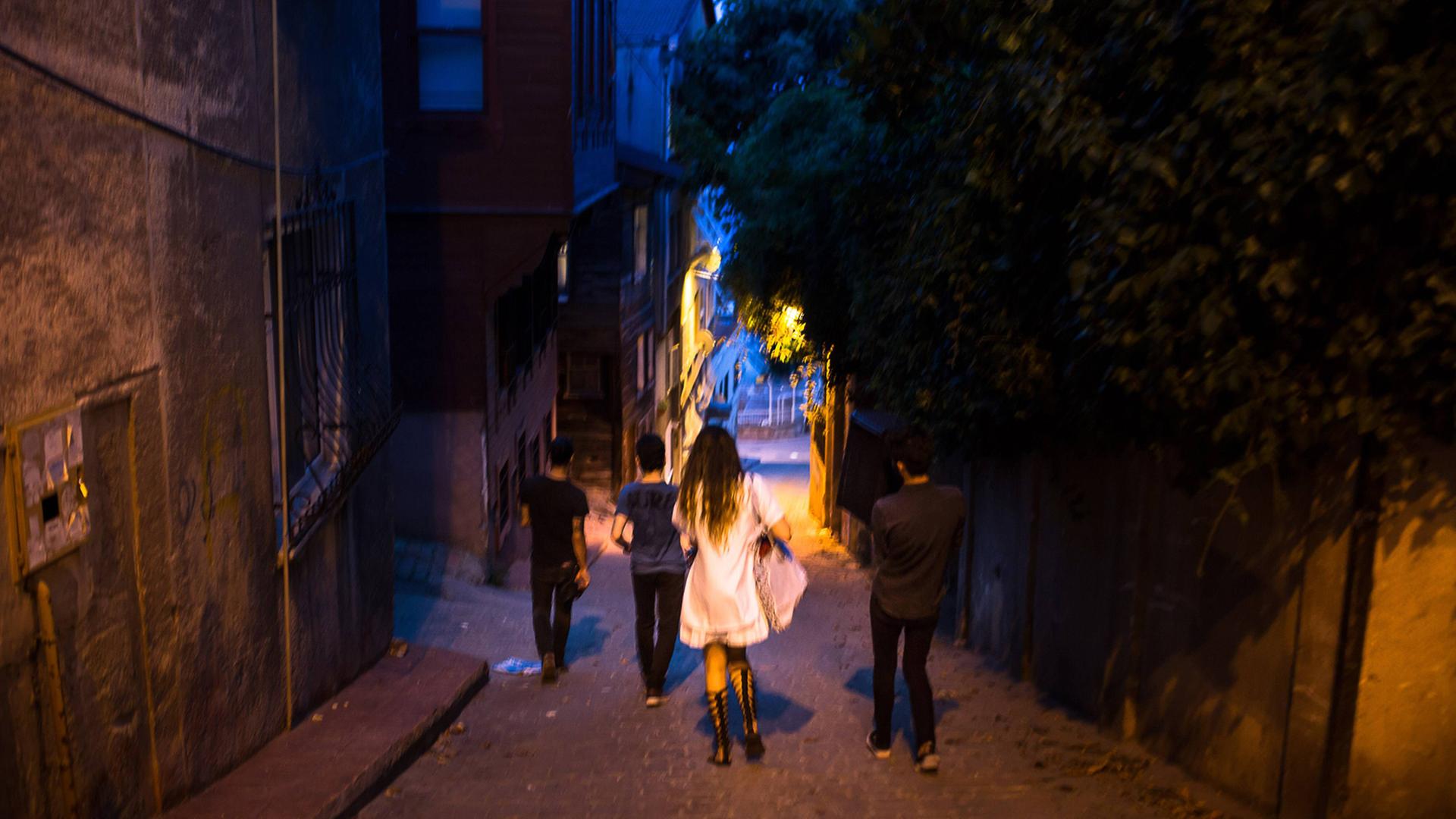 Eine junge Frau und drei Männer gehen in der türkischen Hauptstadt Istanbul im Juni 2015 bei Nacht eine Gasse hinab.