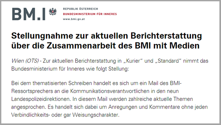 Auszug Stellungnahme des BMI Österreich