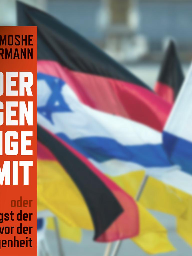 Buchcover "Der allgegenwärtige Antisemit" von Moshe Zuckermann, im Hintergrund israelische und deutsche Flaggen