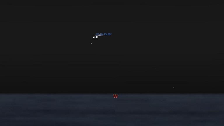 Am Abend stehen Venus und Jupiter nur rund elf Bogenminuten auseinander, dürften aber aufgrund der nahen Sonne nicht ohne optische Hilfsmittel zu erkennen sein