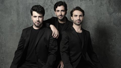 Die drei Musiker des Klaviertrio Zadig stehen schwarz gekleidet vor grauem Hintergrund und schauen im Halbporträt in die Kamera.