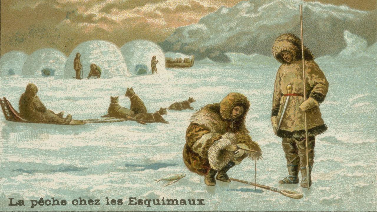 Fischfang bei den Inuit: Farblithograhie aus Frankreich, um 1900