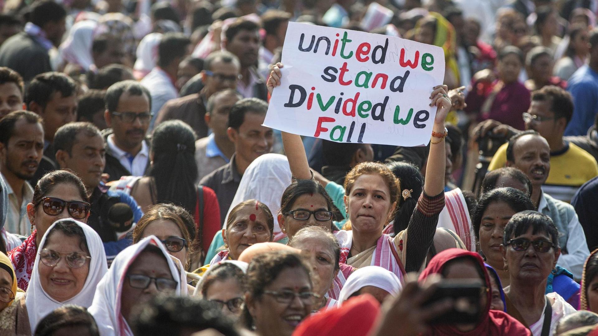 Die Menschenmenge füllt das ganze Bild aus. In der Mite eine Frau, die ein Schild mit der Aufschrift "united we stand, divided we fall" hochhält.
