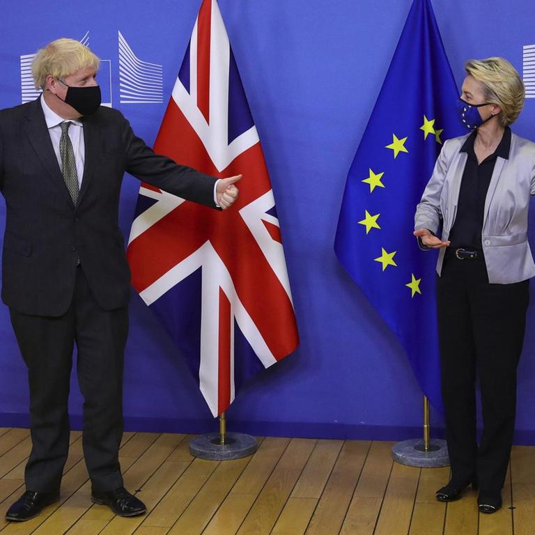 Boris Johnson und Ursula von der Leyen in Brüssel. Sie stehen vor Fahnen der Europäischen Union und Großbritanniens. Beide tragen Masken. Sie sehen sich an, von der Leyen macht eine einladende Geste.