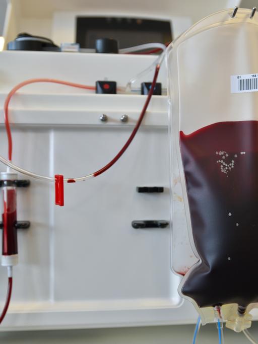 Ein Beutel mit gespendetem Blut beim Blutspendedienst.