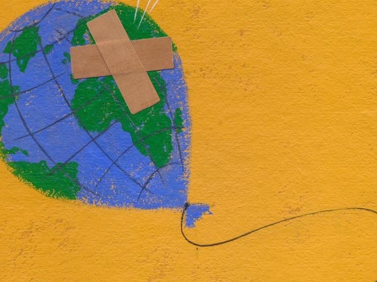 Illustration: Die Erde als Luftballon mit einem Pflaster aus dem Luft herausströmt.