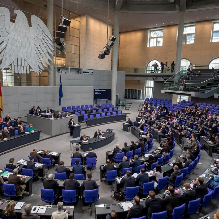 Blick von einer Zuschauertribüne aus auf das Plenum des voll besetzten Bundestags. Am Rednerpult steht die SPD-Fraktionsvorsitzende Andrea Nahles.