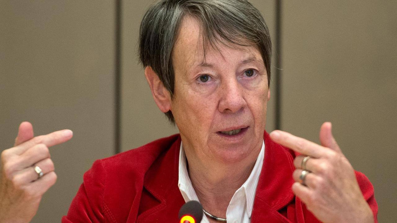 Die Bundesministerin für Umwelt, Naturschutz, Bau und Reaktorsicherheit, Barbara Hendricks (SPD), spricht am 30.10.2015 auf einer Pressekonferenz im Residenzschloss in Dresden (Sachsen).