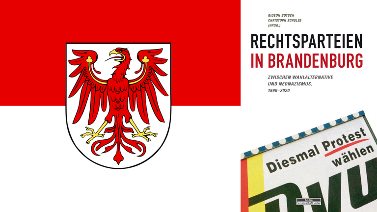 Cover von Gideon Botsch, Christoph Schulze (Hg.): "Rechtsparteien in Brandenburg. Zwischen Wahlalternative und Neonazismus, 1990 - 2020" vor einer Brandenburgflagge