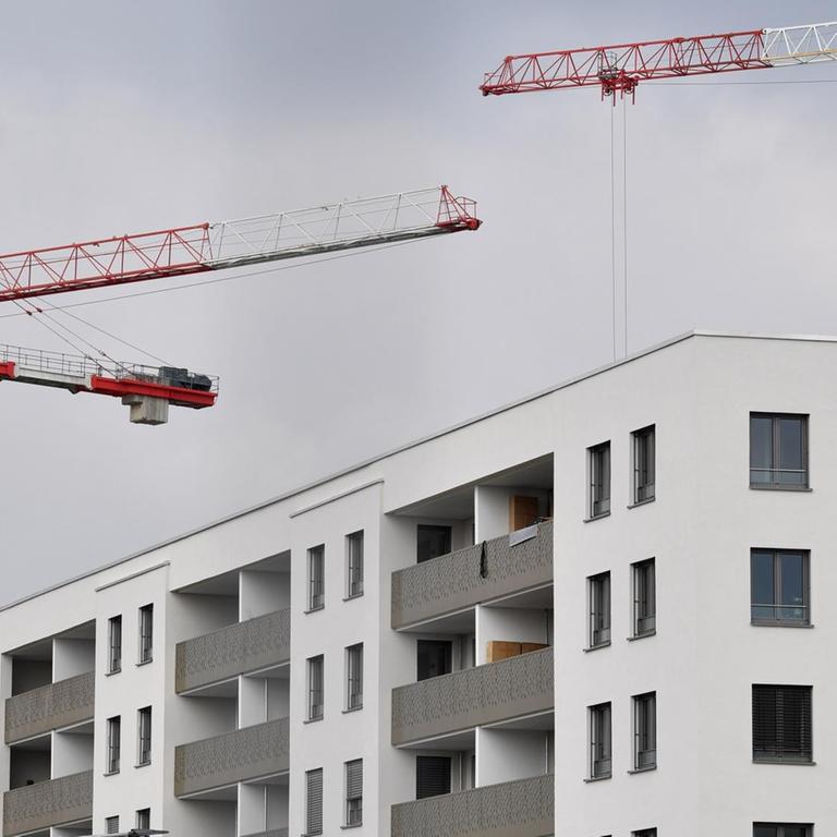 Baukräne vor fast bezugsfertigen Neubauwohnungen im Stadtteil Gartenstadt Waldtrudering in München