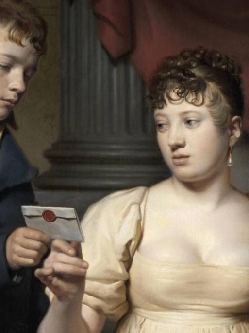 Der Liebesbrief, niederländisches Gemälde, Öl auf Leinwand von Willem Bartel van der Kooi um 1808. Eine junge Frau in taillenhohem Empire-Kleid mit Empire-Frisur erhält einen Liebesbrief von einem jungen männlichen Boten.